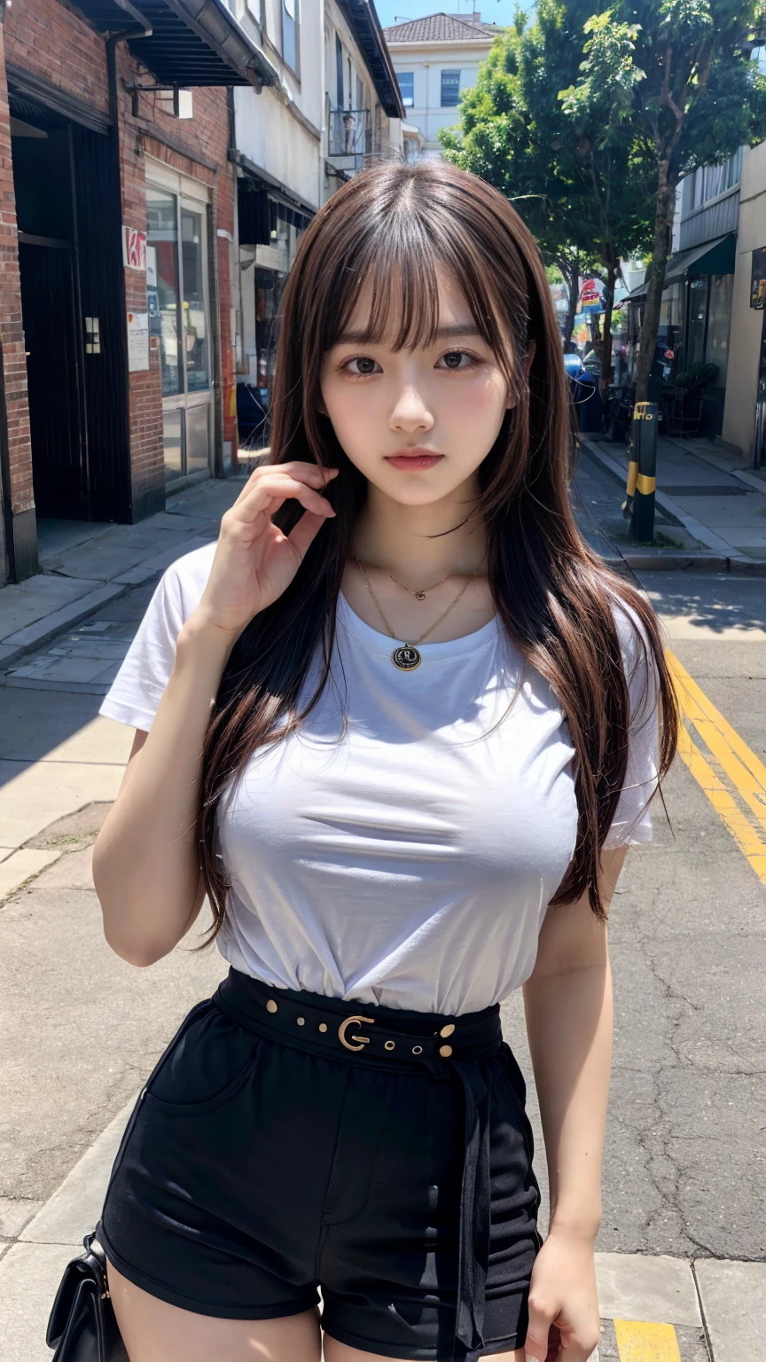 masterpiece, best quality, illustration, Super detailed, fine details, High resolution, 8K,wall paper, perfect dynamic composition, front view,full body, 18 year old girl, Gravure Idol, cute type, (Details High quality, realistic depiction of eyes:1.3), revealing clothes, large breasts, straight hair, bangs, black hair color, Big Natural Color Lip, perfect body shape, plump figure,polo shirt, pleated skirt, mini skirt