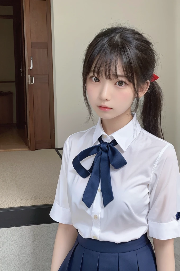 1 Girl, alone, Japanese girl, 14 years old, 、(Highest quality, Realistic, High resolution, 8K, Very detailed, Detailed face, Shiny skin), Japanese , Collared shirt, White shirt, Red ribbon, Black Hair, ragged bangs, ponytail,Gazing into the distance,Navy blue mini skirt、Nice thighs、Are standing,Shooting from the side、