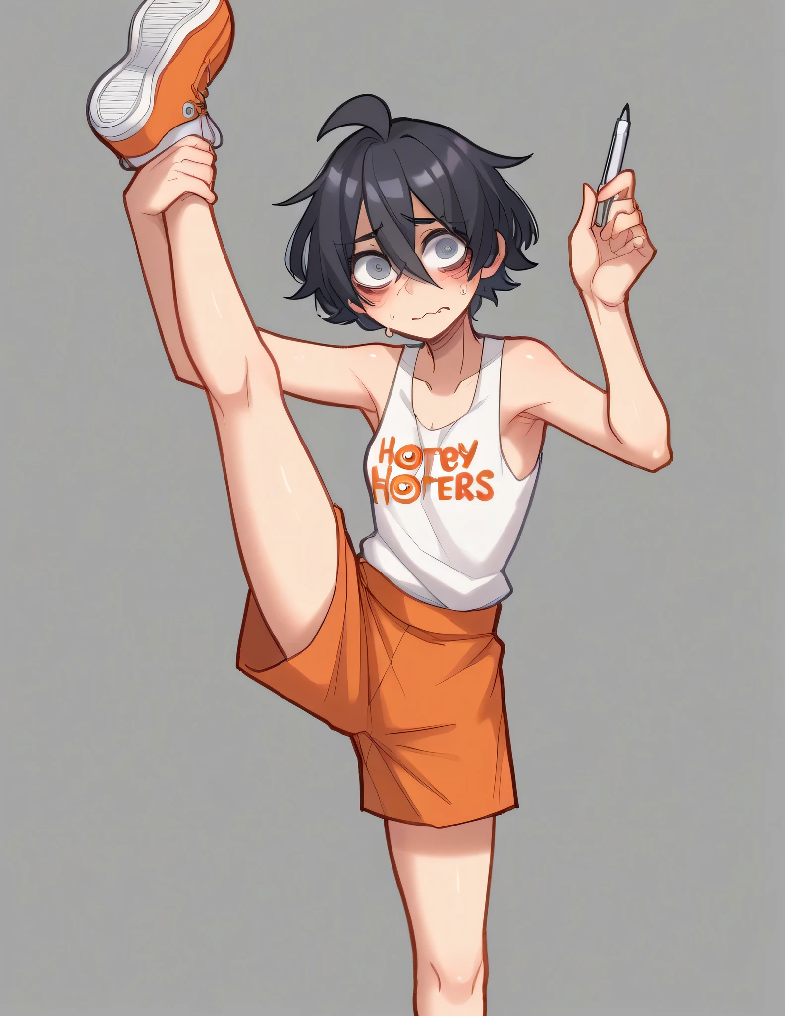 1 girl, alone, ppka, black fur, short hair, messy fur, Ahoge, parts, parts por todo el cuerpo, grey eyes, blind eyes, kind eyes, very nervous, looking at the viewer, blushing Minishort,  minishort naranja, sport short, mini tank top, white mini shirt, white tennis shoes, (hooters waitress) (Hooters uniform) restaurant, small notebook and pen in hands, pose split de pie, (SPLIT DE PIE)