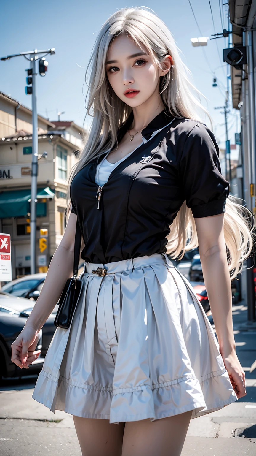 female,masterpiece, realistic, best quality, ultra detailed, cowboy_shot, long white hair, jewelery, street wear, colorful clothing