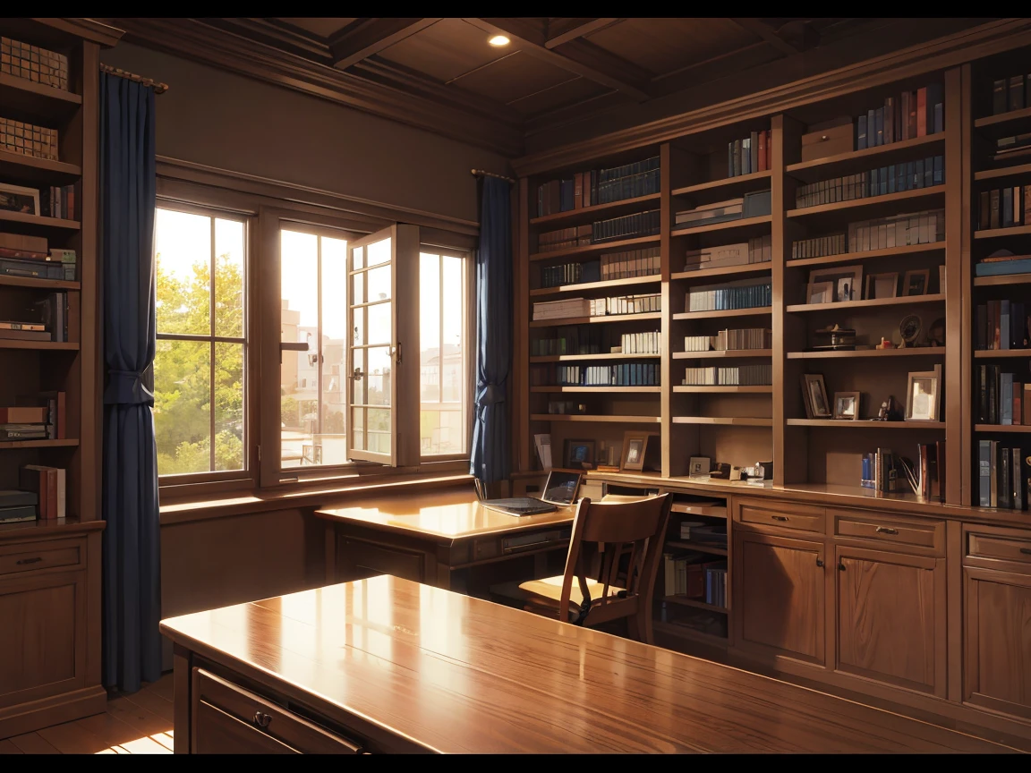 A narrow and dark study、A wall completely covered with bookshelves、desk with a computer、No people