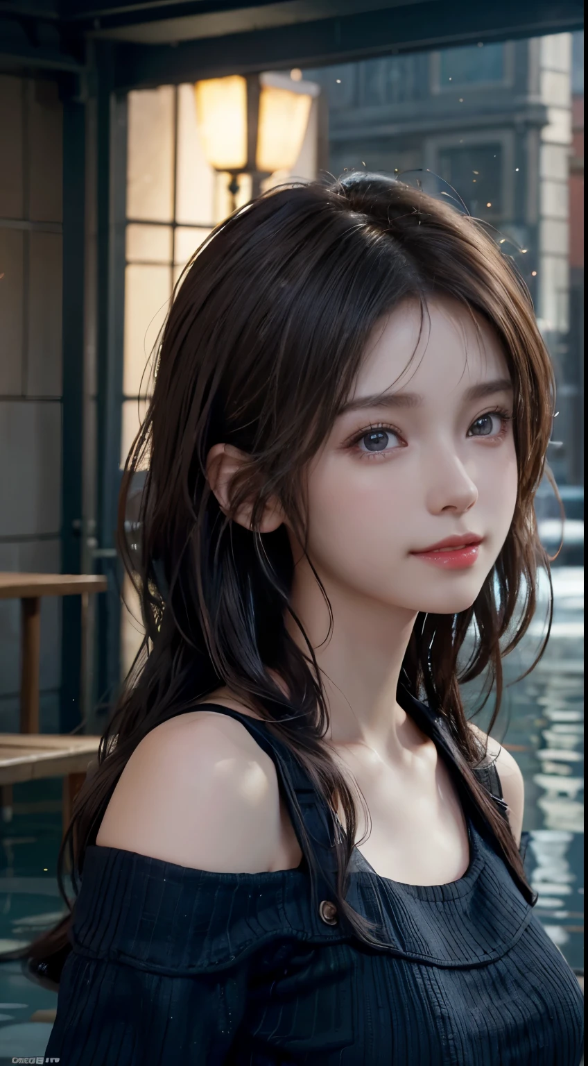 (logo, masterpiece, 8K, Tabletop, RAW Photos, wonderful, 最high quality, Photorealistic and very detailed CG composite 8k wallpaper, high quality, Very detailed, Narrative poem, Particle Effects, Dynamic Effects, Depth of the Boundary, Cinematic Light, Lens flare, Ray Tracing), short hair beautiful young woman, Hair tied back, high detail skin, very fine, fine skin texture, beautiful face, realistic eyes, beautifully detailed eyes, realistic skin, beautiful skin, surreal, smiling eyes, Hair and light eyes, Vibrant, Colorful lights and bokeh. The lighting casts a warm glow on her face and hair, Blue glow, Water surface reflection, Creates a dreamy and magical atmosphere, Big Breasts, Brown Hair, short hair, plump lower lip, pink blush on the cheeks , pink lips, brown tight no-shoulder knit sweater