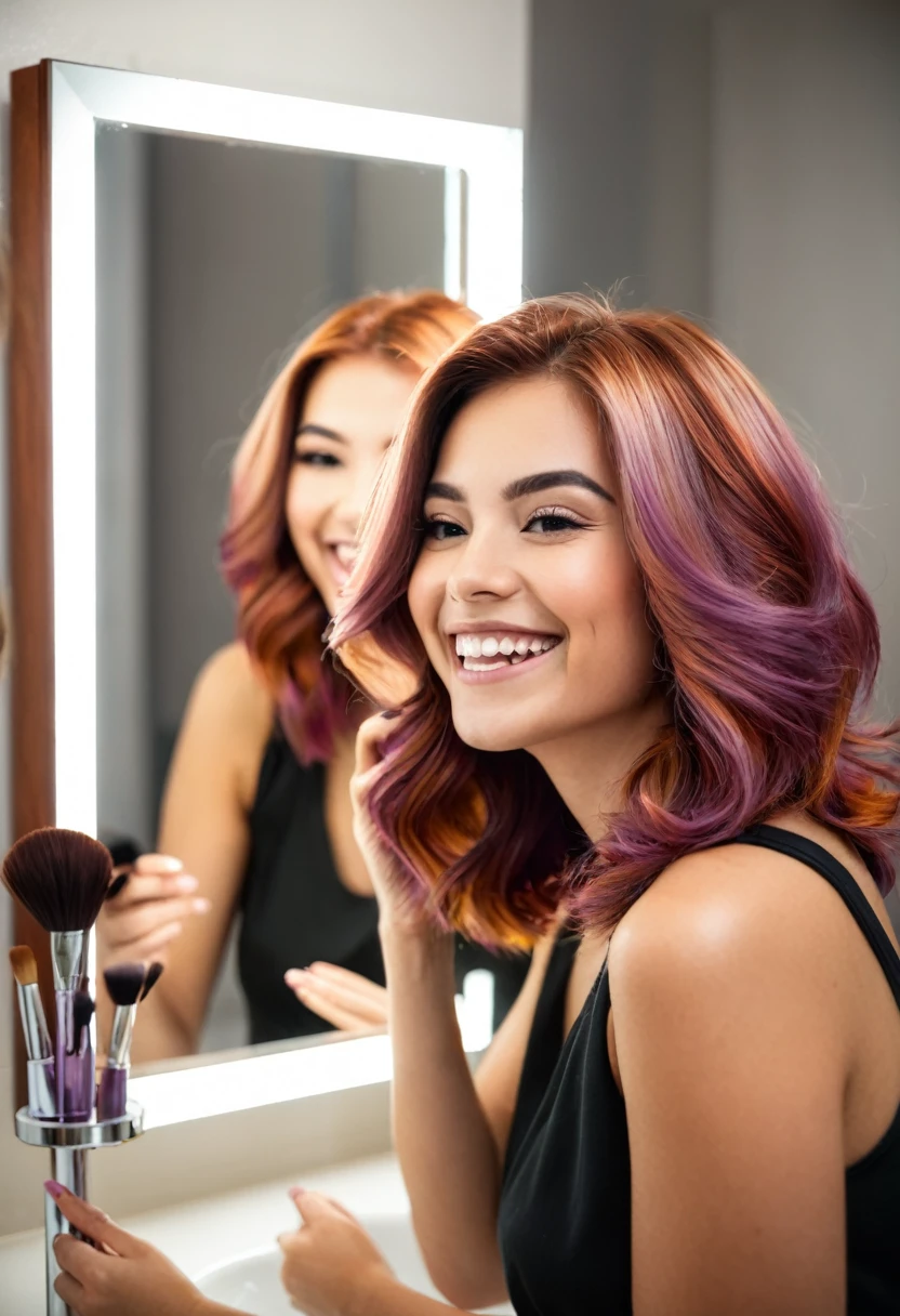 Capturing a happy and satisfied young woman, admiring her new hair color in a mirror.