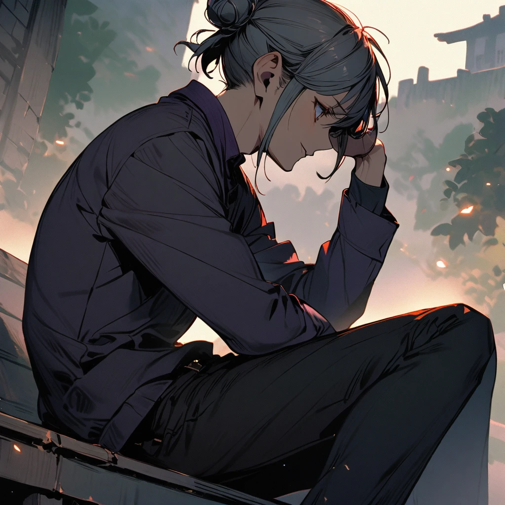 (well done:1old man, long gray hair tied in two buns green right eye, yellow left eye, purple shirt, white coat, black pants, black boots.   sitting on a bench with a katana on his lap