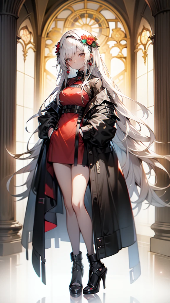 Girl, 20 years old, with long white hair down to below her waist, a serious yet tender expression, and red eyes. Her hair features black streaks. She wears antique-style clothing, a long black dress with a slit on the legs, and high black boots that almost reach her knees. Her power and background are related to shadows and darkness. dark escense, figth stance