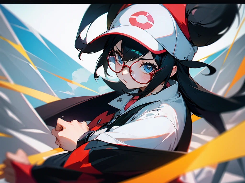 young woman, Bblack hair, round glasses, Hat, pokemon trainer, Photographer