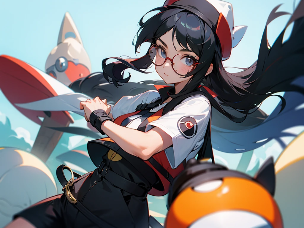 young woman, Bblack hair, round glasses, Hat, pokemon trainer, Photographer