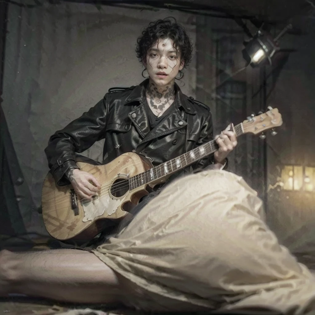 (Best Quality, Masterpiece:1.2), ultra high resolution, realist, side lighting, intricate detail, Exquisite details and textures, 1 man, Alone ,(YOUNG), full body, playing a guitar, moreno skin, curly black hair, looking to the horizon, (hollow pattern, White, that), golden earrings, muscular body with tattoos, in a dark and dimly lit bar, dressed in a black trench coat, Photon mapping, physically based rendering,