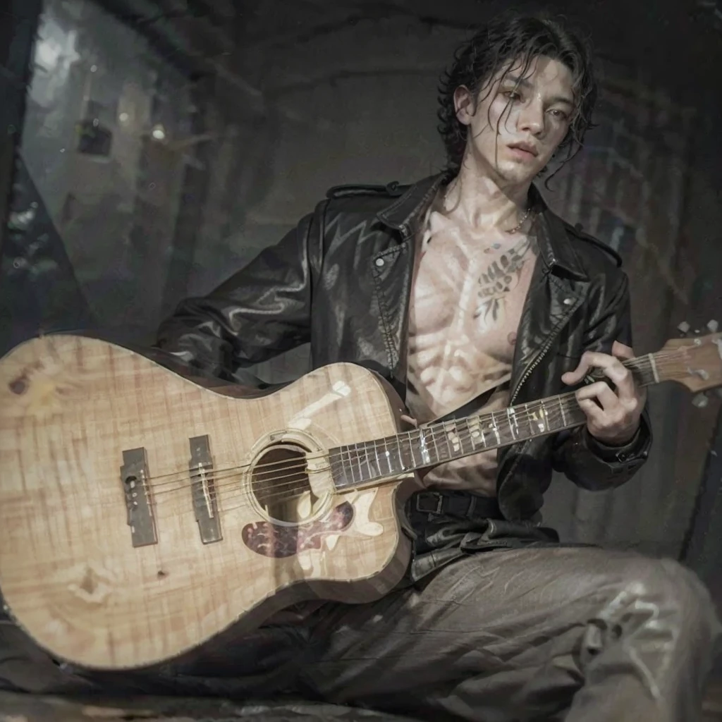 (Best Quality, Masterpiece:1.2), ultra high resolution, realist, side lighting, intricate detail, Exquisite details and textures, 1 man, Alone ,(YOUNG), full body, playing a guitar, moreno skin, curly black hair, looking to the horizon, (hollow pattern, White, that), golden earrings, muscular body with tattoos, in a dark and dimly lit bar, dressed in a black trench coat, Photon mapping, physically based rendering,