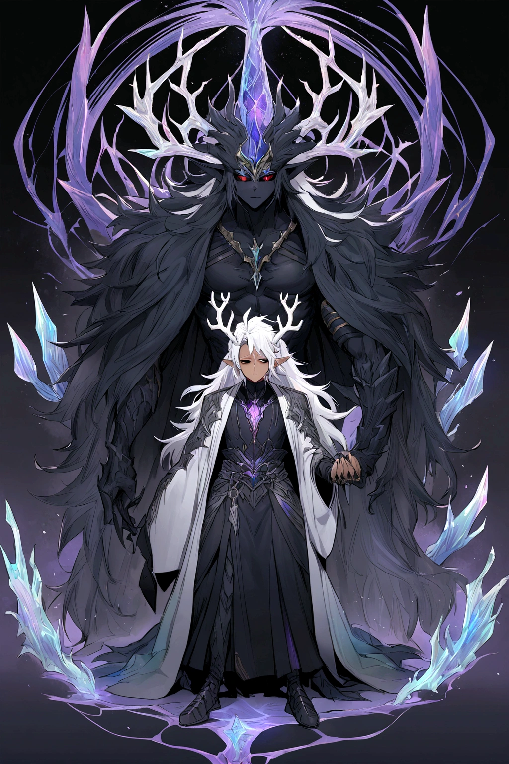 Solo, male , Character fusion: Nibelung fused with nidhoggr, odin and sun wukong, tall tanned man with wild unruly white hair, bangs on face, bangs, ((iridescent irises)), black sclera on eyes, long voluminous hair, spiky hair, pointy ears, fit , clawed fingers, dragon tail, open haori, turtleneck tanktop, dark crystal antlers, exhausted expression, khaenr'ah abyss, draconic person, s9vereign of the abyss, calamity incarnate,  full body