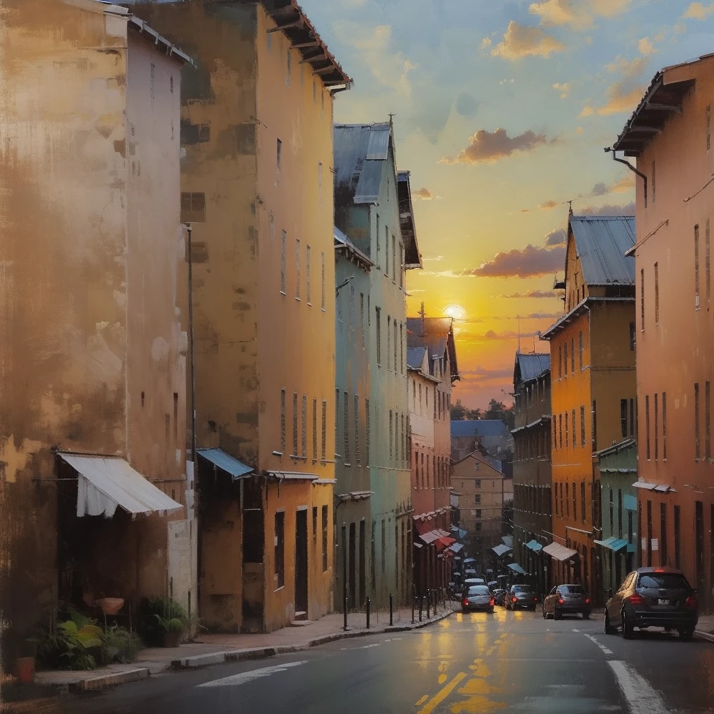 Cityscape Print , stree and old Colonial building, road lamp, cars, sunset, vicheals. Oil Painting
