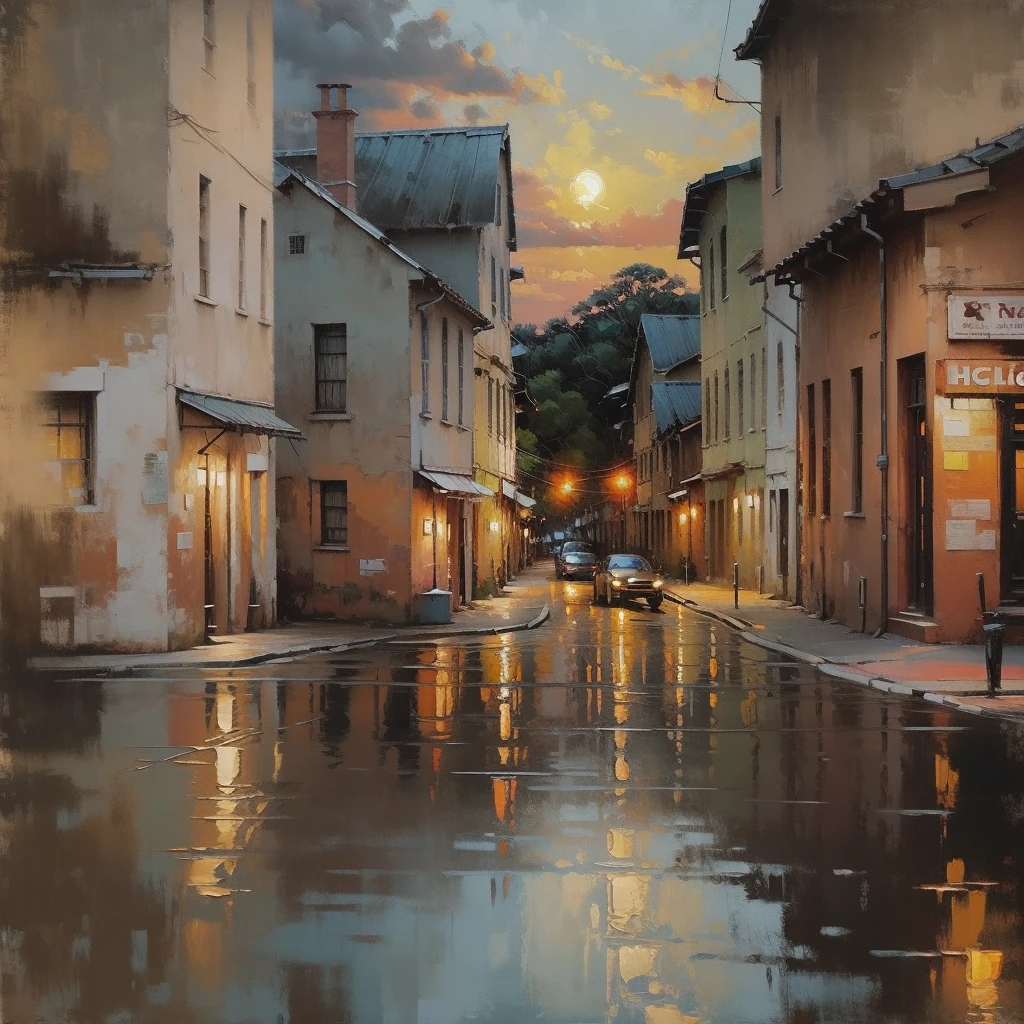 Cityscape Print , stree and old Colonial building, road lamp, cars, sunset, vicheals. Oil Painting