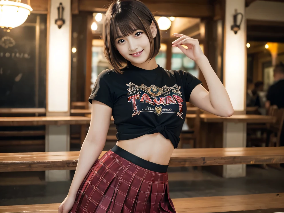 (8K, RAW Photos:1.2), Detailed face and eyes,最high quality, Ultra-high resolution, Very detailed ,Intricate details ,Tabletop ,pretty girl ,Round eyes、 Soft cinematic light, Hyper Detail,Sharp focus, high quality, Brown Hair,((Bobcut))、(Straight bangs)、amusement park、 ((Mini T-shirt))、(Pleated skirt)、”dwarf”、(Full Body Shot)、Waist、(I can see your thighs)、Cowboy Shot、 smile、I can see your belly button、