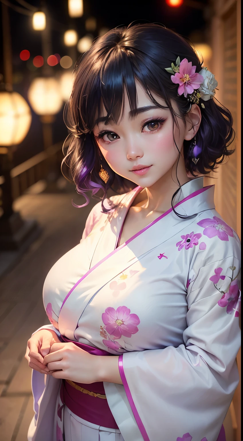 (logo、masterpiece、8K、Tabletop、RAW Photos、wonderful、最high quality、フォトリアリスティックでVery detailedな CG 複合 8K 壁紙、high quality、Very detailed、Narrative poem、Particle Effects、Dynamic Effects、Depth of the Boundary、Cinematic Light、Lens flare、Ray Tracing)、 (One beautiful woman wearing a yukata、White yukata、Light purple pattern)、Black-haired、High definition skin、Very fine、Fine skin texture、Beautiful Face、True Face、Beautiful details in the eyes、Realistic eyes、Beautifully detailed eyes、Realistic Skin、Beautiful Skin、Surreal、Smiling Eyes、Hair and light eyes、vivid、Colorful lights and bokeh、plump lower lip、Pink Lips、Hair flutters in Wind、Hair bounces、wonderful景色、night、evening、Wind、moonlight、moonlight、light