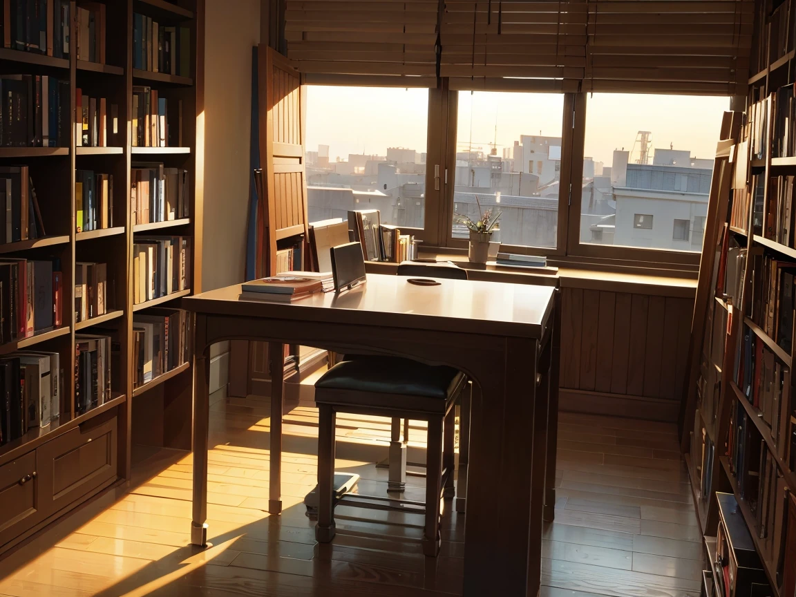 A narrow and dark study、A wall completely covered with bookshelves、desk with a computer、No people