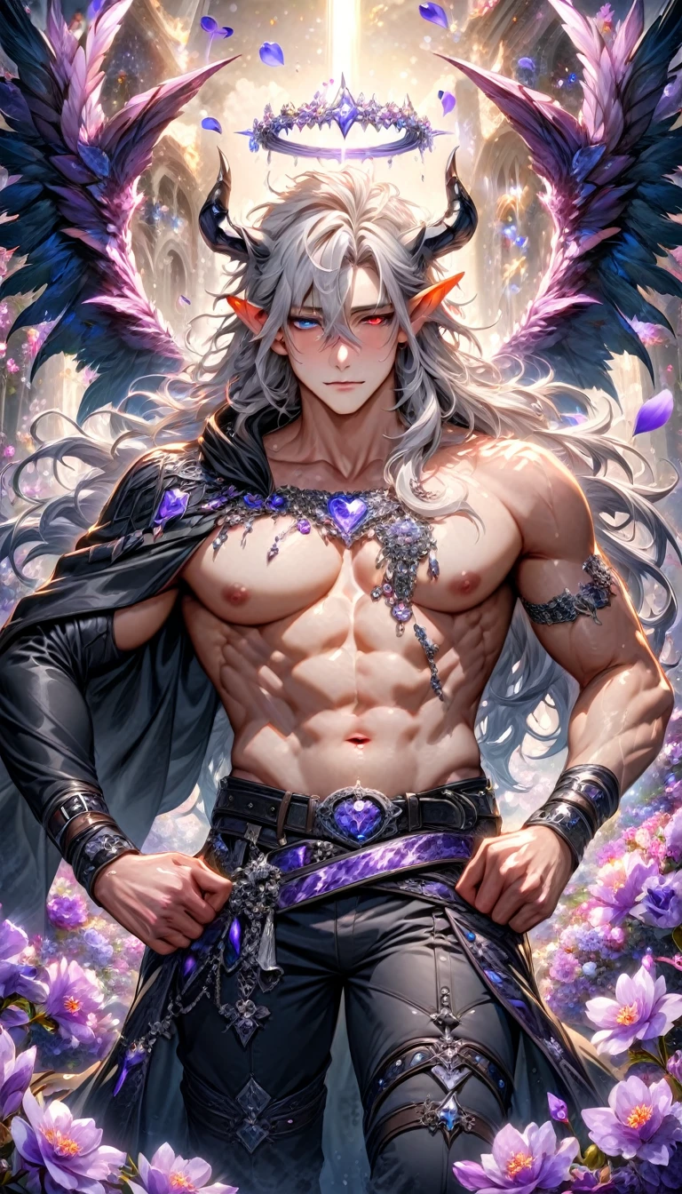 absurdres, highres, ultra detailed, HDR, master piece, best quality, Krozerus, white hair, spiked and messy hair, long hair, hair between the eyes, expressive red eyes, Dream and Legacy, Raviel, ash blonde hair, expressive blue eyes, two sexy men together, yaoi, gay couple, handsome, demon, angel, halo, slightly pointy ears, black horns, black cape, bare chest, belt around his chest, silver jewelry, silver accessories, fantasy, shining, purple flowers, blossoms, magical, purple petals