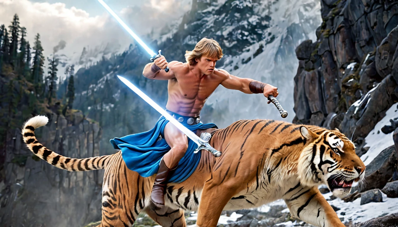 (best quality, realistic, ethereal: 1.2), (very muscular man) he man style, (with luke skywalker face), long hair, long blonde, loose, strength and determination, super muscular, (8riding a huge tiger white), leather saddle, ((galloping brutally at full speed)), while Luke Skywalker (raises his lazer sword to the sky) epic image, (medium shot) in the background, majestic mountains and snowy forests, soft sunlight that casts a magical and mysterious glow, heroic pose, artistic rendering, shades of blue and silver, subtle fog and haze, studio lighting