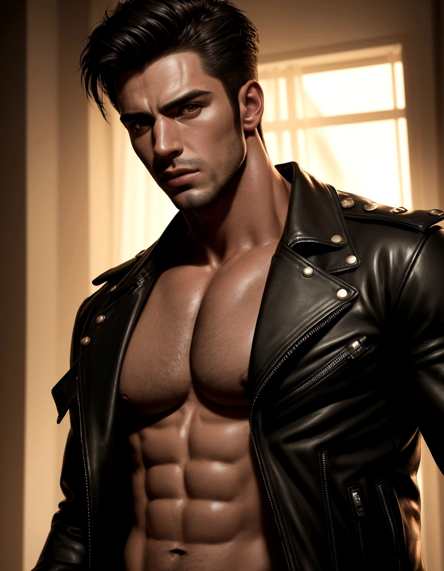 a handsome man with a big chest in a leather jacket, extremely detailed facial features, sharp focus, highly detailed skin, shirtless, dramatic chiaroscuro lighting, realistic hyper-detailed portrait, photorealistic, cinematic lighting, high contrast, vivid colors, 8k, masterpiece