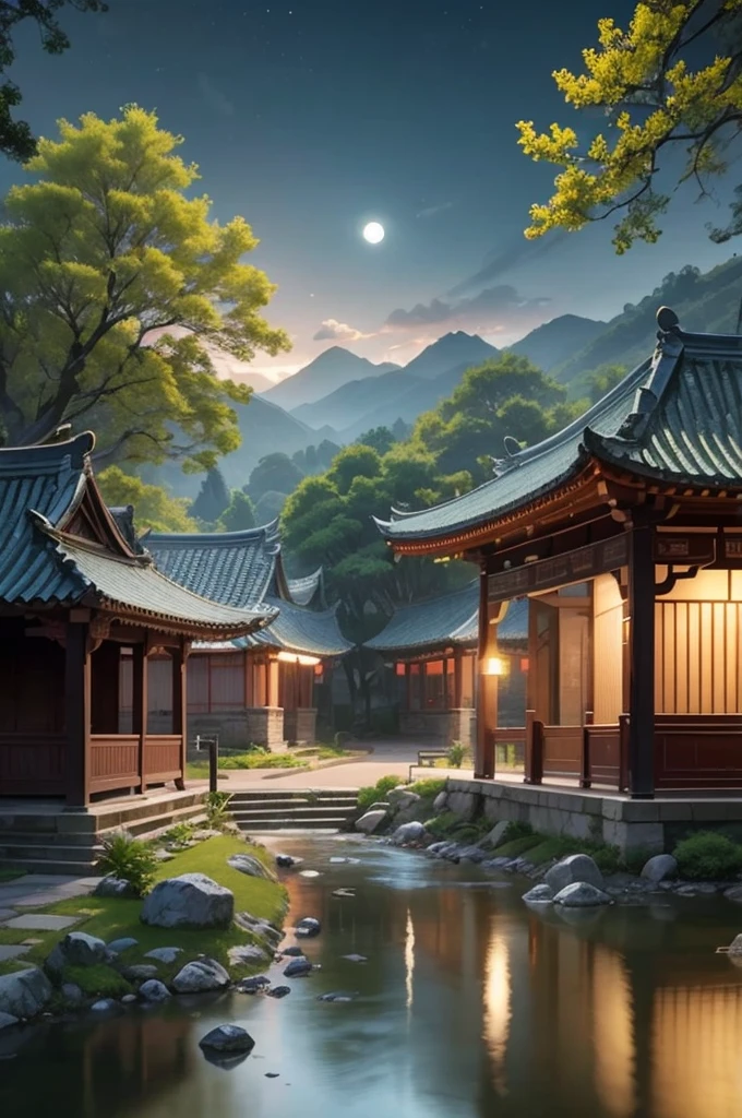 On the background of the poster,Describe a scene of the ancient town at night。Moonlight shines through thin clouds on ancient buildings,The stone road glows with a faint silver light in the moonlight。The green mountains in the distance are vaguely visible,It is even more tranquil under the moonlight。A small stream winds through the ancient town,The clear water reflects the sky and the shadows of the buildings。Street lights cast a soft light,Outline the outline of the ancient town。 Primary image: The center of the poster depicts an ancient pavilion。The shape of the pavilion is simple and elegant,The roof is covered with mottled blue tiles,The corners of the eaves are slightly upturned,Looks extraordinarily refined。Under the pavilion is a boy and girl walking hand in hand。young man wearing toga,Wearing a bamboo hat,With an innocent smile on his face;girl wearing skirt,Double bun,Soft gaze。They walked by the stream,The stream shimmers in the moonlight,The breeze rustled the leaves。On the other side of the stream are green mountains and green trees,The mountains are filled with a faint fragrance。 Auxiliary image: The edge or surrounding of the poster,Decorate with some ancient decorations,Like a lantern hanging by the pavilion、Bluestone lions on the roadside, etc.。These details can better show the folk customs of the ancient town。 Through these detailed descriptions and elaborate designs,The entire poster can vividly show the charming scene and rich folk culture of Yuexia Ancient Town.,Makes you feel like you are in the painting,Feel the tranquility and beauty of the ancient town。