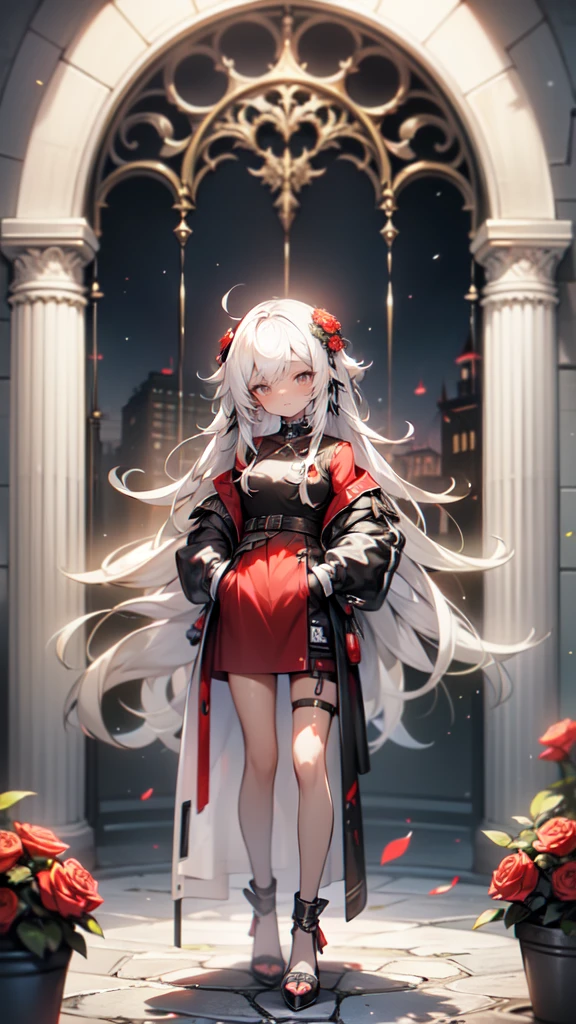 1 woman in a red dress and black heels standing in front of a wreath of red roses, hand in pocket, white hair deity, High quality anime image of a cute girl., anime girl with long hair, perfect white hair anime girl, anime girl gothic maiden, high quality anime art style., animated style, cute anime waifu with a beautiful dress, Red suit, beautiful anime art, de arknights