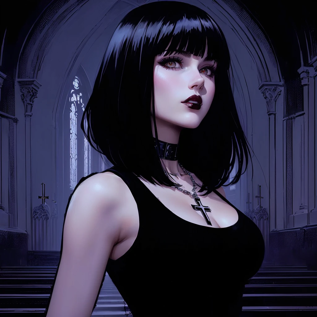 a close-up of a woman with a cross on her chest, She has black hair with bangs, Adam Hughes, goth girl, Gothic city streets behind her, gothic maiden anime girl, gothic woman, 1 7 - year - old anime goth girl, Chris Bachalo, style of charlie bowater, raven black hair, kate bishop, beautiful vampire, rosto de goth girl
