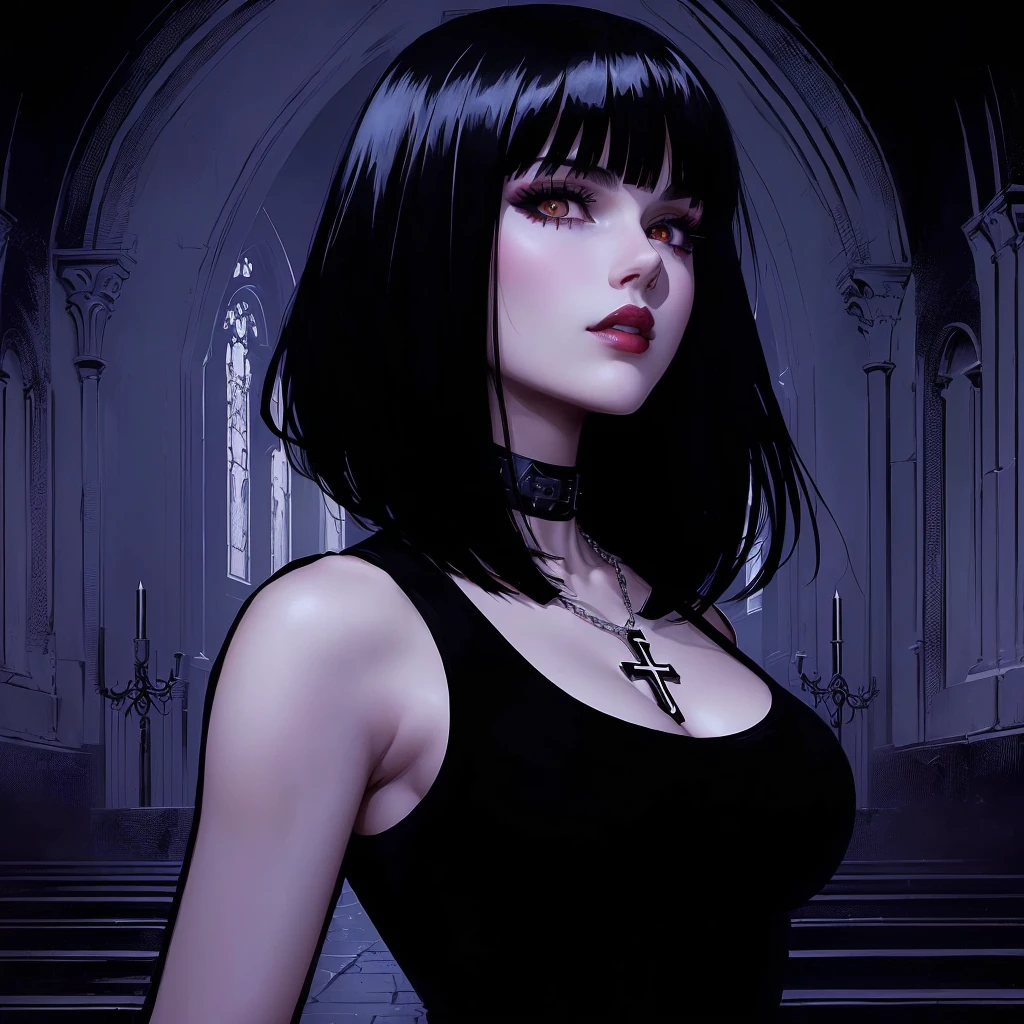 a close-up of a woman with a cross on her chest, She has black hair with bangs, Adam Hughes, goth girl, Gothic city streets behind her, gothic maiden anime girl, gothic woman, 1 7 - year - old anime goth girl, Chris Bachalo, style of charlie bowater, raven black hair, kate bishop, beautiful vampire, rosto de goth girl