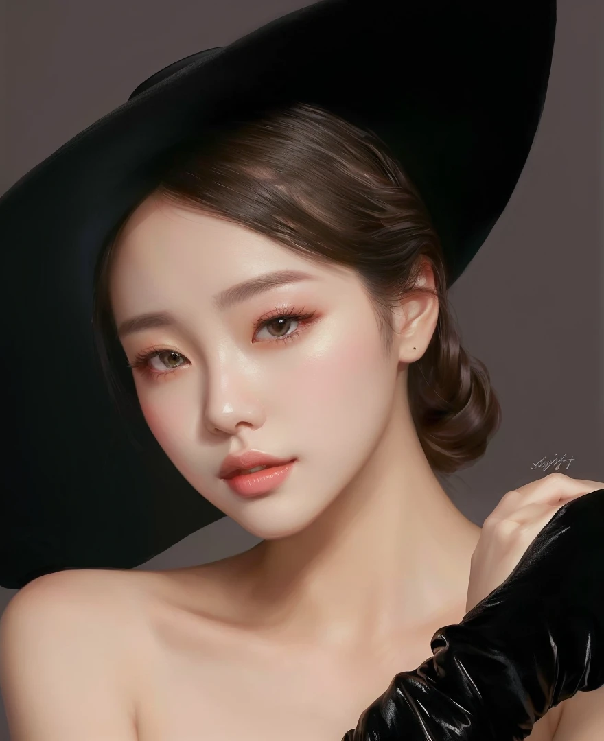 Arafed image of a woman with black hat and gloves., female korean idol portrait, Bright digital painting, in bowater art style, inspired by Kim Deuk-sin, Korean artist, inspired by Yanjun Cheng, inspired by Sim Sa-jeong, Portrait of Blackpink's Jossi, in digital painting style, kpop idol portrait
