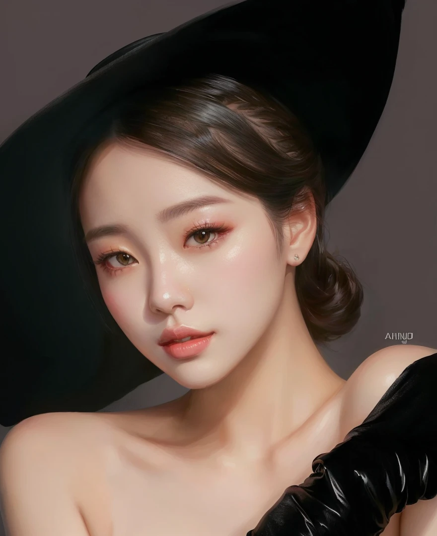 Arafed image of a woman with black hat and gloves., female korean idol portrait, Bright digital painting, in bowater art style, inspired by Kim Deuk-sin, Korean artist, inspired by Yanjun Cheng, inspired by Sim Sa-jeong, Portrait of Blackpink's Jossi, in digital painting style, kpop idol portrait