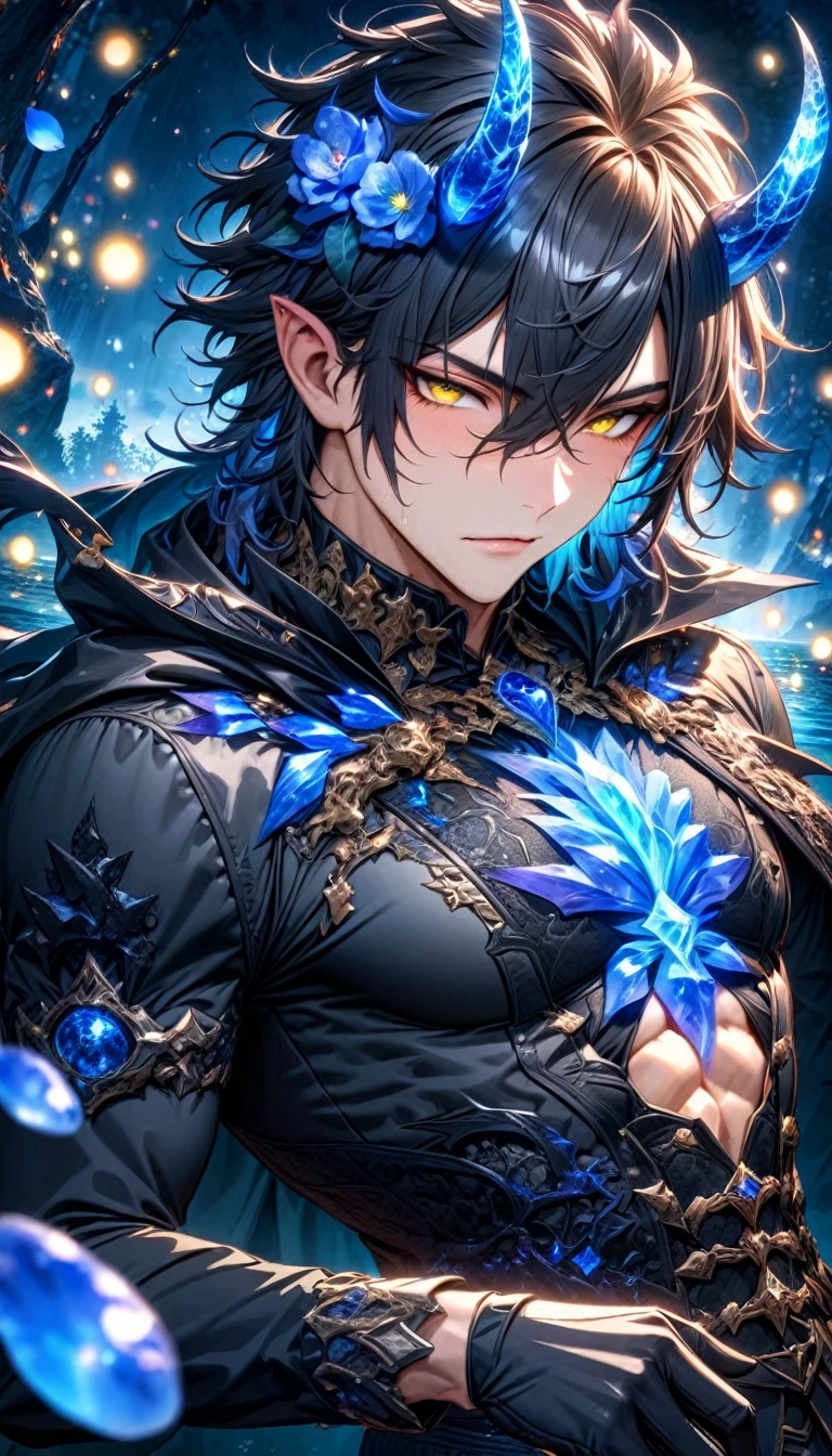 absurdres, highres, ultra detailed, HDR, master piece, Yuden, spiked black hair with bangs, hair between the eyes, expressive yellow eyes, black vest, Demon Fantasy, sexy man, handsome, best quality, blue moon, flowers, fantasy, magical, solo, black coat, water, blue shining fireflies, black cape, black gloves, black tight shirt, blue petals, demon black horns, toned chest
