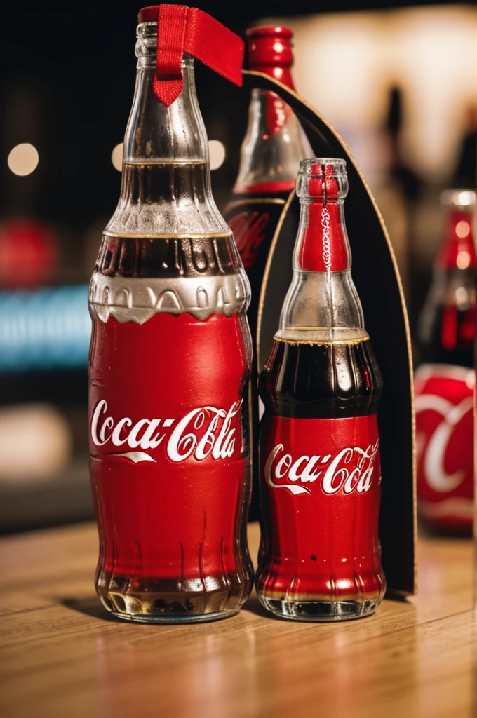 A Coca Cola type logo with a glass Coca Cola bottle and a headband of headphones 