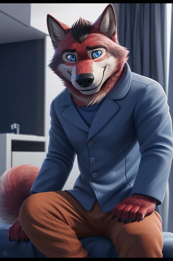 Ivan Fedorovich Wolfbach (Novosibirsk) ,tall handsome, wolf,young, 24 years, brown fur,Kind,(red body:1.3),beautiful blue eyes,Novosibirsk,dressed,серый medical suit,pants, ophthalmologist, canine, wolf, detailed fur, male, second, paw pads, finger claws,At the viewer, 5 fingers, paws, 5 fingers, smile, wrist watch, т nextel,by xenoforge, (difficult, high detail, digital photography, soft focus, RAW,is sitting кабинете врача окулиста, ,Very close to the camera, variety,Novosibirsk, smile, good mood, positive, Very close to the camera, medical suit, ophthalmologist&#39;s office, 
Photorealism, realistic, photorealistic, digital style, Subsurface scattering,I look at the viewer,is sitting, кабинет окулиста ophthalmologist, 
masterpiece, Best quality, ultra realistic, 8 thousand.)