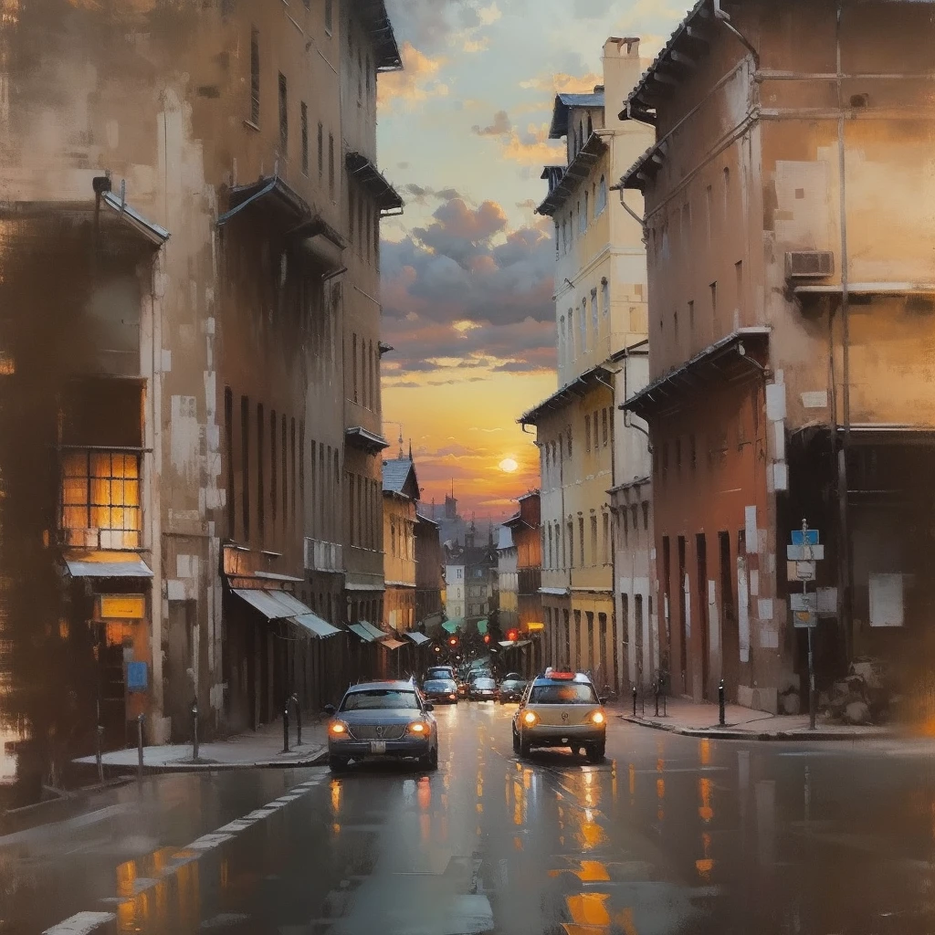 Cityscape Print , stree and old Colonial building, road lamp, cars, sunset, vicheals. Oil Painting