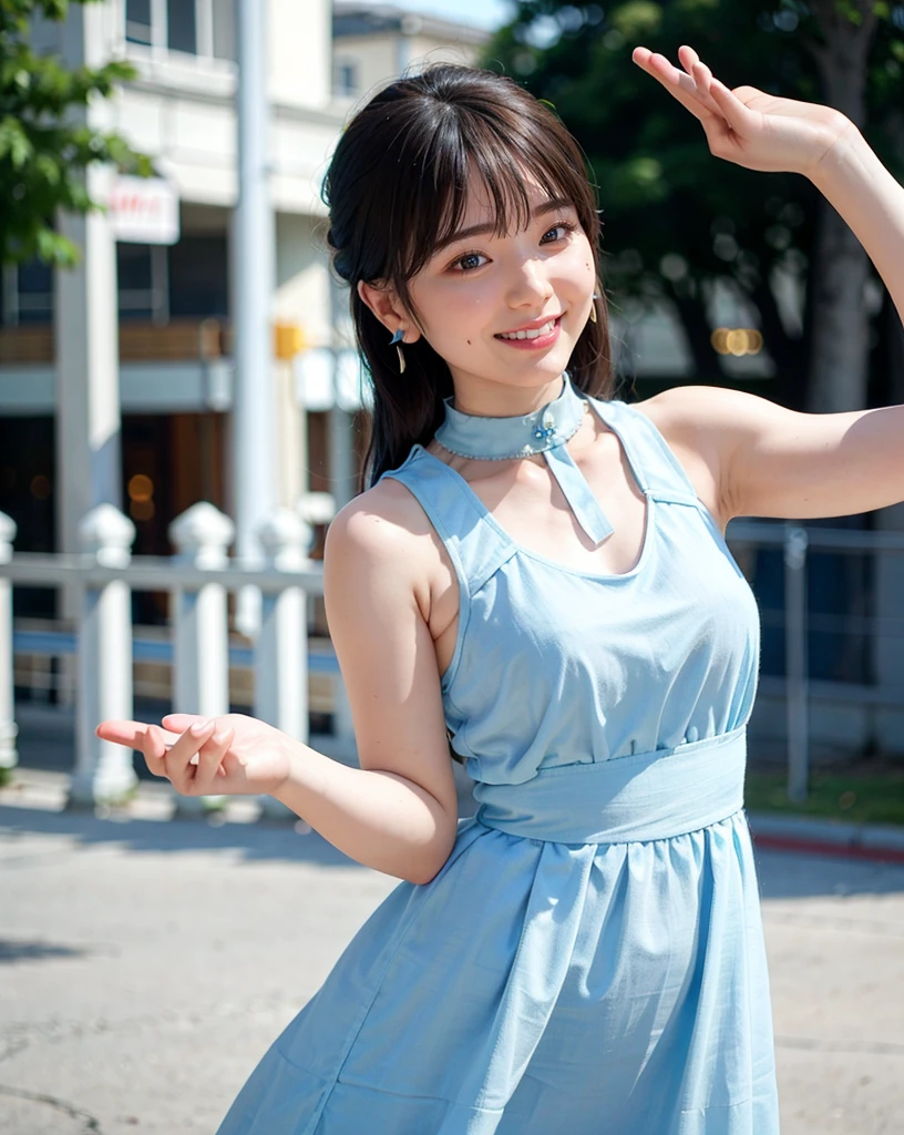 cute,  アイドルのようにcute16歳の高校生、High School Uniform、Young cute face、Very short、Smiling Kindly、High school suburban classes、High はCleavageが見えるデザイン、Small breasts、Cleavage、Nipples are visible、Forest Park、Dim lighting、whole body、RAW Photos、Genuine、Real、realism、Raw photo、High resolution、Life、No copyright notice