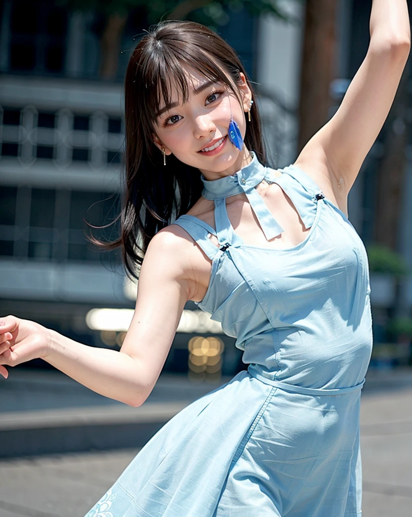 a woman posing on the street corner with light blue dress on, best quality, 1girl, large breasts, day, bright, blur background, bokeh, outdoor, (street:0.8), (people, crowds:1), (lace-trimmed dress:1.5, sleeveless dress, light blue clothes, light blue high-neck dress:1.2, blue dress: 1.5), gorgeous, (short hair, forehead:1.2), beautiful detailed sky, earrings, (dynamic pose:1.2), (upper body:0.8), soft lighting, wind, shiny skin, smile, 
