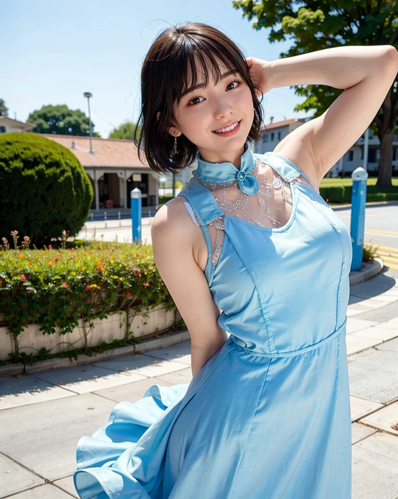 a woman posing on the street corner with light blue dress on, best quality, 1girl, large breasts, day, bright, blur background, bokeh, outdoor, (street:0.8), (people, crowds:1), (lace-trimmed dress:1.5, sleeveless dress, light blue clothes, light blue high-neck dress:1.2, blue dress: 1.5), gorgeous, (short hair, forehead:1.2), beautiful detailed sky, earrings, (dynamic pose:1.2), (upper body:0.8), soft lighting, wind, shiny skin, smile, 