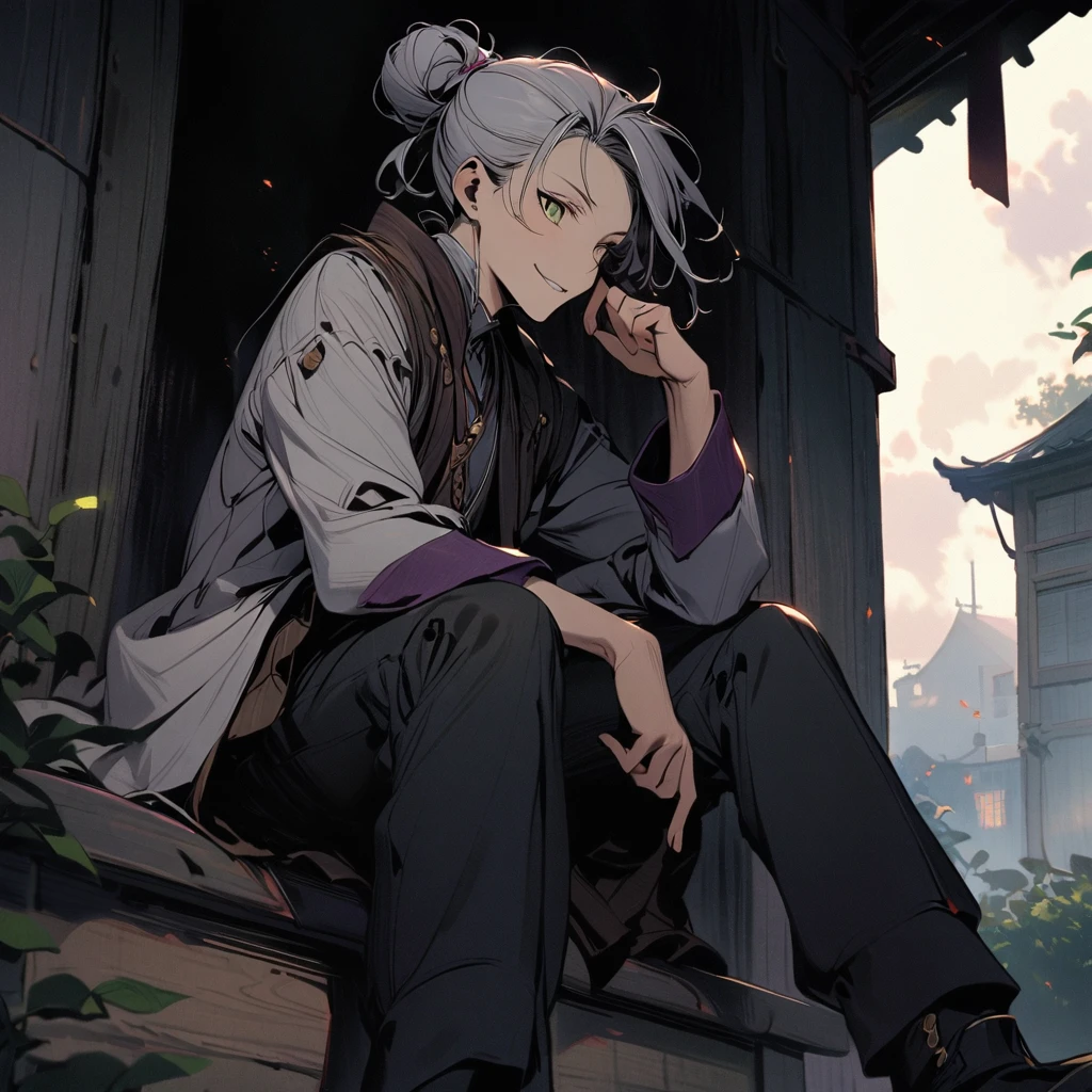 (well done:1old man, long gray hair tied in two buns green right eye, yellow left eye, purple shirt, white coat, black pants, black boots.   sitting on a bench with a katana on his lap