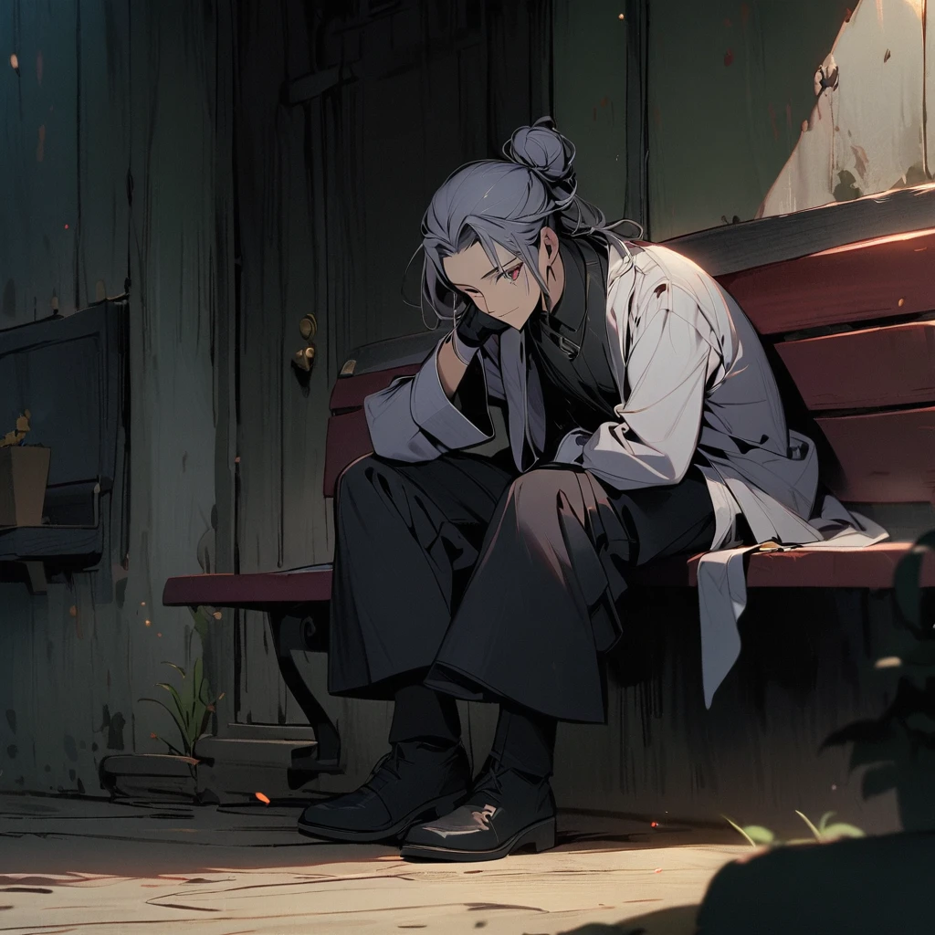 (well done:1old man, long gray hair tied in two buns green right eye, yellow left eye, purple shirt, white coat, black pants, black boots. sitting on a bench with a katana on his lap
