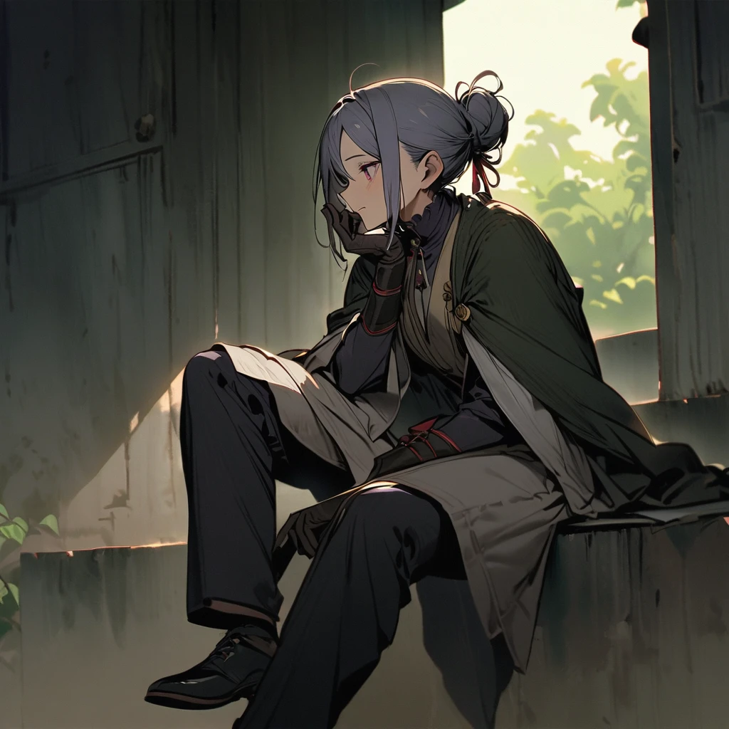 (well done:1old man, long gray hair tied in two buns green right eye, yellow left eye, purple shirt, white coat, black pants, black boots. sitting on a bench with a katana on his lap