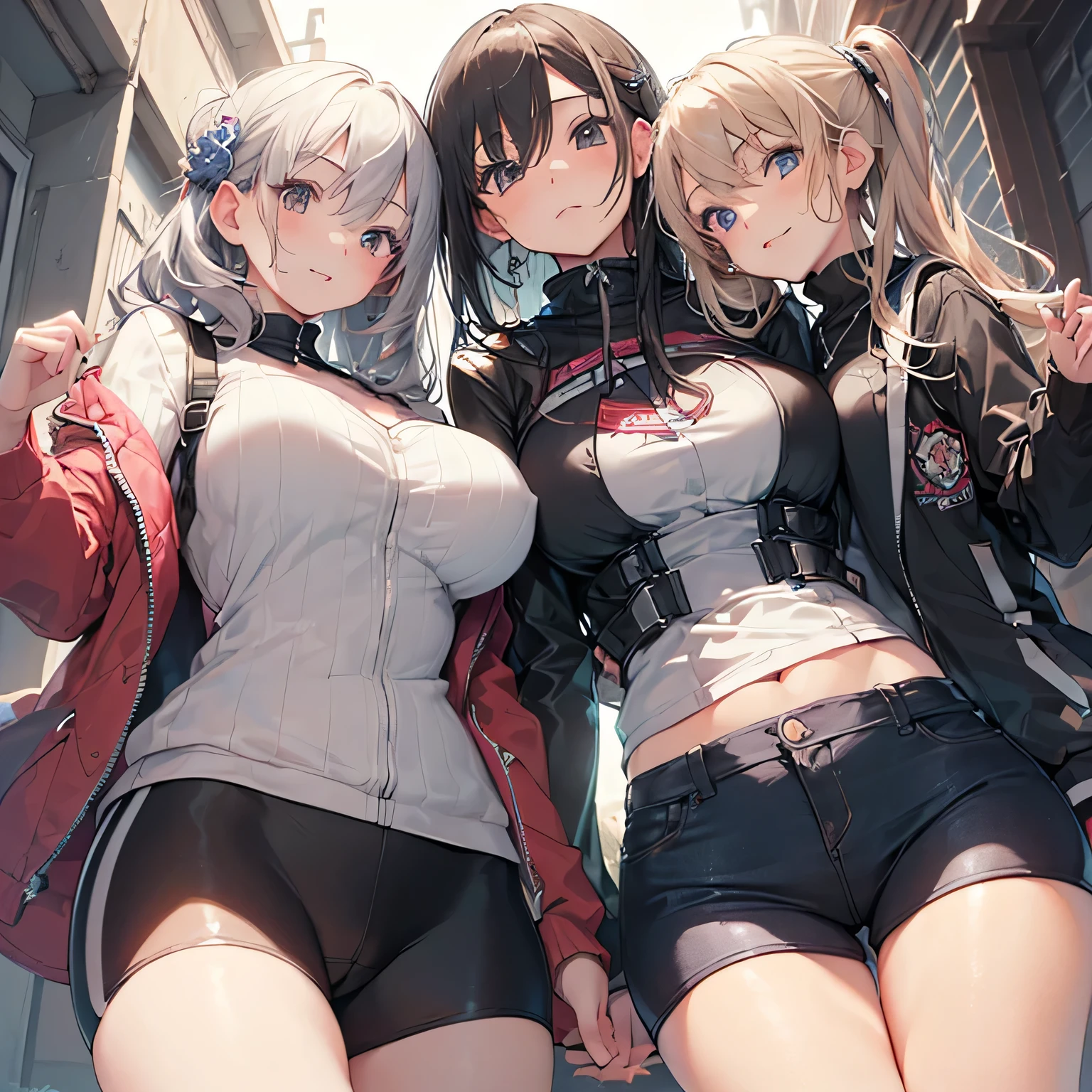 (((Perfect photo))), (((Three Girls)Commemorative photo)), , Azusa Nakano, , Jacket, View your viewers, smile、((濡れたBetween the legs)), Hidden crotch、SFW with hidden breasts, Big ample breasts!, SFW Big, Beautiful and seductive anime woman, Big ample breasts!!, Bust ratio adopted, Highest quality, Official Art, Best Anatomy, ((Super shiny bike shorts,:1.5))、Glowing Skin、Cowboy Shot, (Extreme close-up of the cliff from below)、(((From below、Between the legs,Focus the head, chest and legs in the center of the screen.:1.8)))