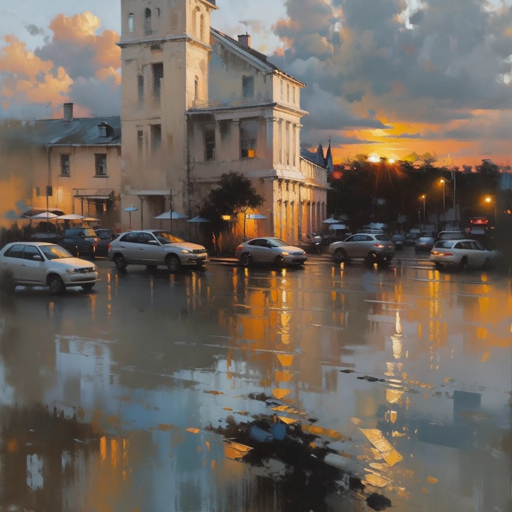 Cityscape Print , stree and old Colonial building, road lamp, cars, sunset, vicheals. Oil Painting