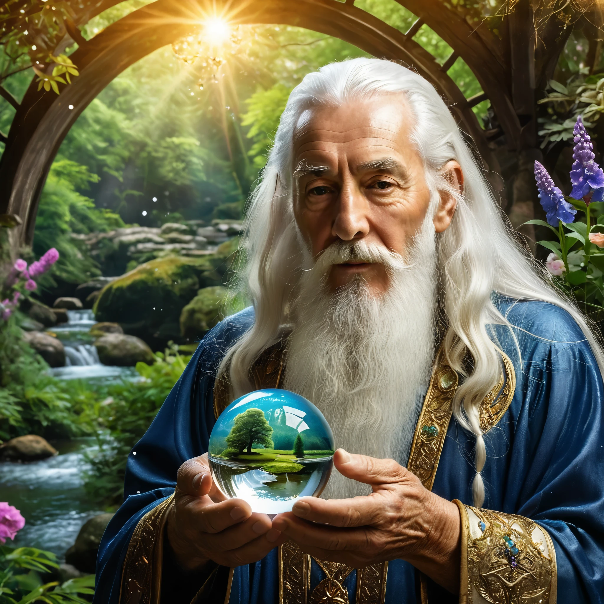 Create a highly detailed and realistic image of an elderly wizard with long white hair and a beard, holding a crystal ball. The crystal ball contains a miniature, vivid landscape with a river flowing through a lush forest, surrounded by trees and flowers a magical land. The wizard's expression is contemplative as he gazes at the scene within the crystal ball. The background includes a dimly lit, mystical setting with arches and soft, warm lighting, adding to the magical atmosphere. Photo Realistic photo, vibrant colors, 16k