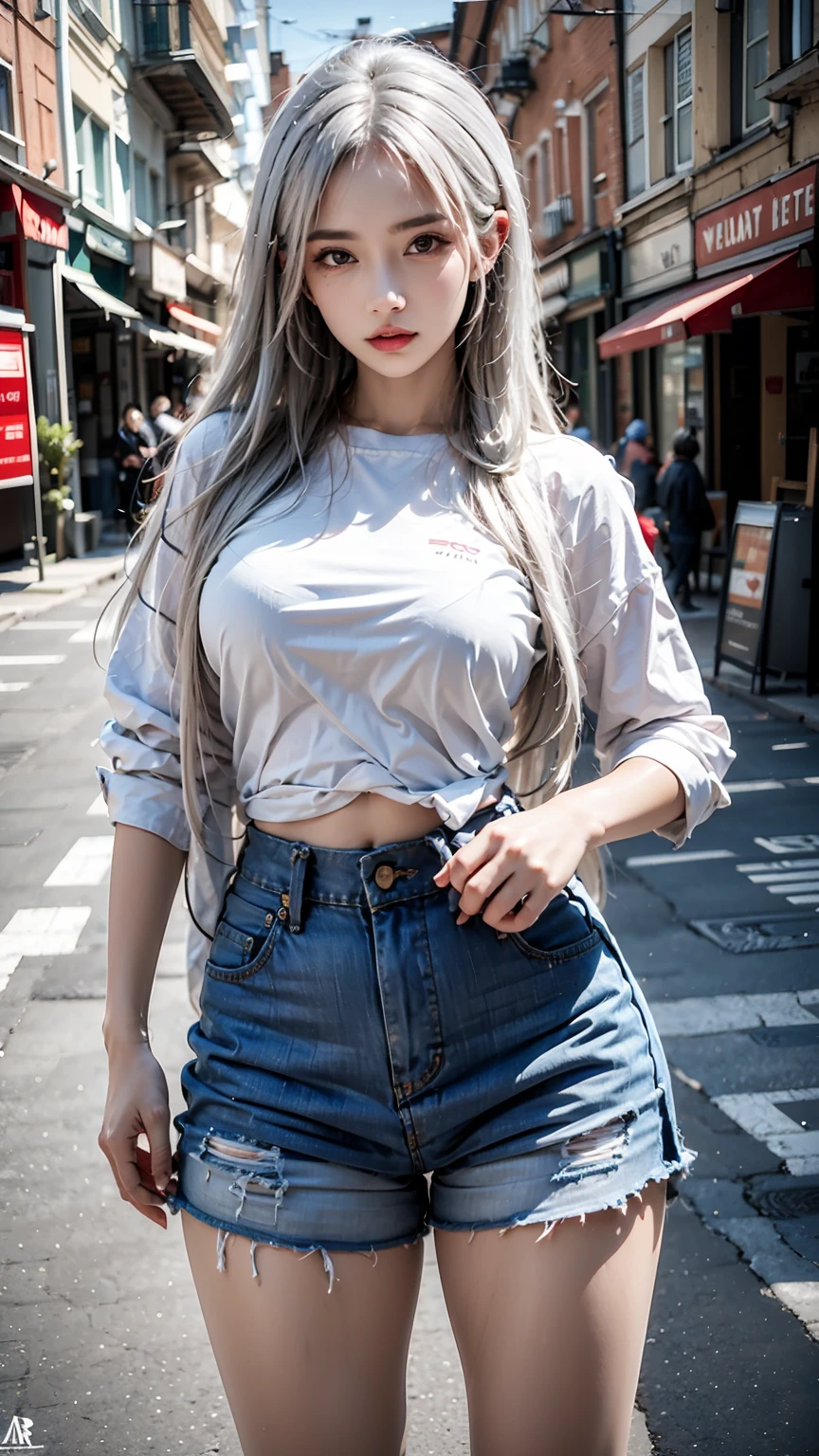 female,masterpiece, realistic, best quality, ultra detailed, cowboy_shot, long white hair, jewelery, street wear, colorful clothing