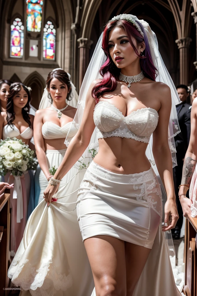 best quality, ultra realistic, masterpiece, Clarity, 4k, 8k, detail, actual US pop stars, ((group photo:1.5)), 5 US pop superstar brides 22 year old ultra sexual angelic and incredibly gorgeous supermodel bride Girls standing together, sharp focus, (Korean makeup:1.3), Red lips, high quality hands, pink and blue hair, Perfect body, sexy thigh highs, ((bridal jewellery:1.5)), seductive walking, FF cupped large breasts, glistening skin, Graffiti crop top, Deep cleavage, cute Checkered striped bridal mini skirt, walking in a bridal march in a beautiful gothic church 