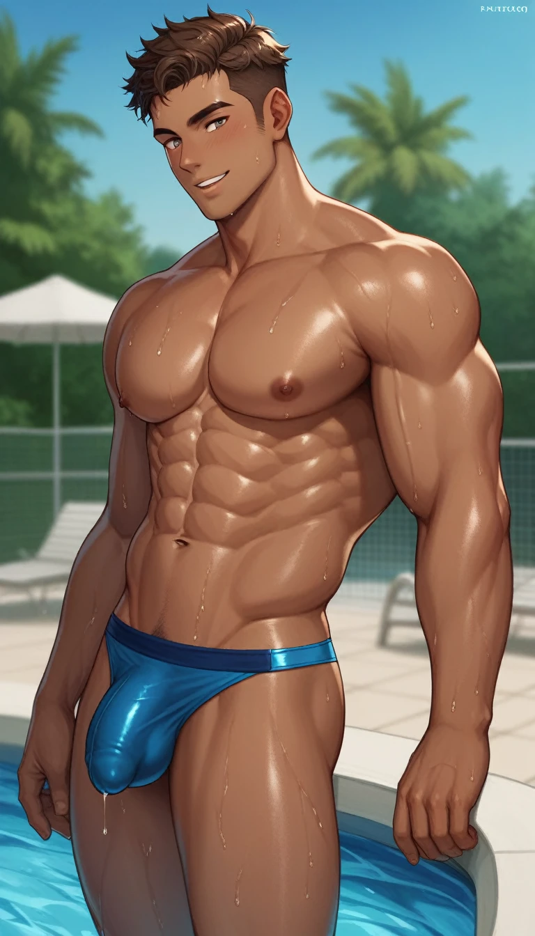 best quality, masterpiece, amazing details, (handsome dark skinned muscular young man with curly brown hair), skimpy low rise blue thong, bulge, penis outline, climbing out of hotel resort swimming pool, wet body, dripping wet, perfect fingers, no watermark, no logo, no signature