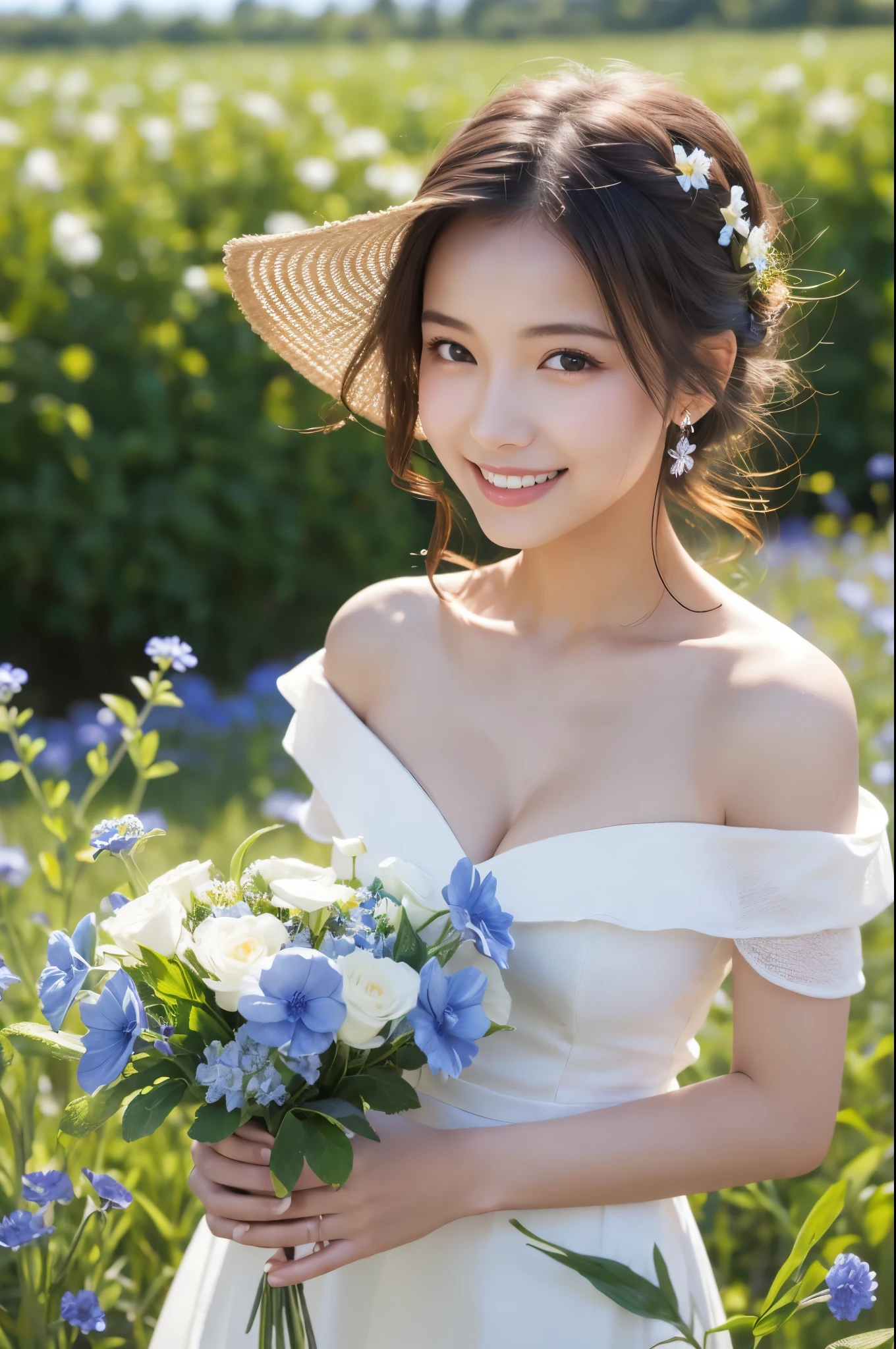 cleavage,Best quality, masterpiece, ultra high res, (photorealistic:1.4), raw photo, 1girl, white dress, off shoulder, blue flower field, glowing skin, light smile