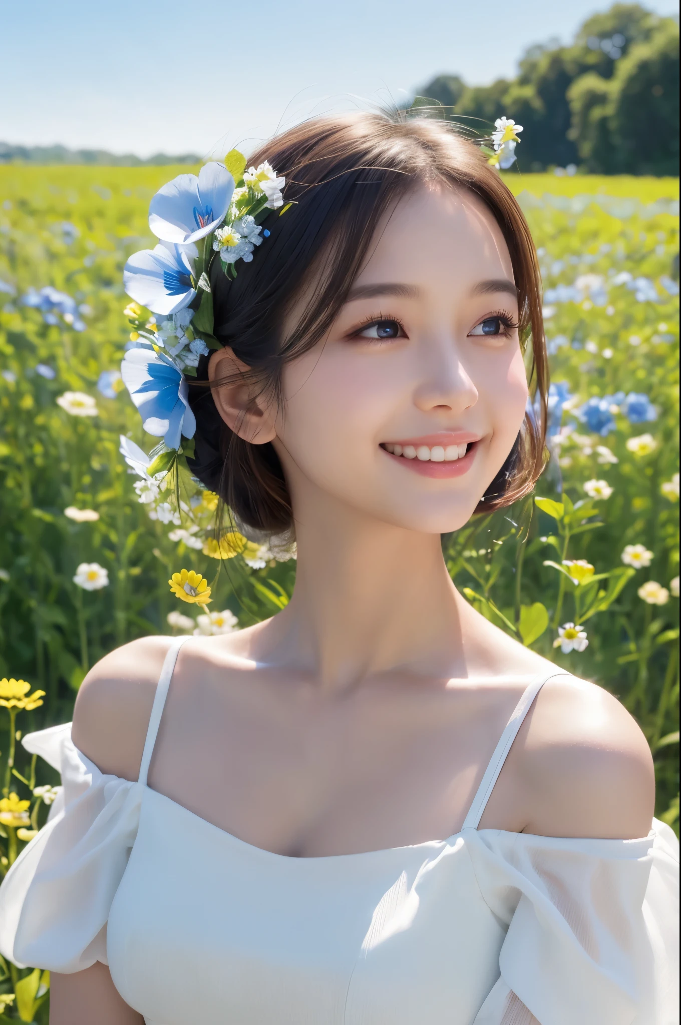 cleavage，Best quality, masterpiece, ultra high res, (photorealistic:1.4), raw photo, 1girl, white dress, off shoulder, blue flower field, glowing skin, light smile