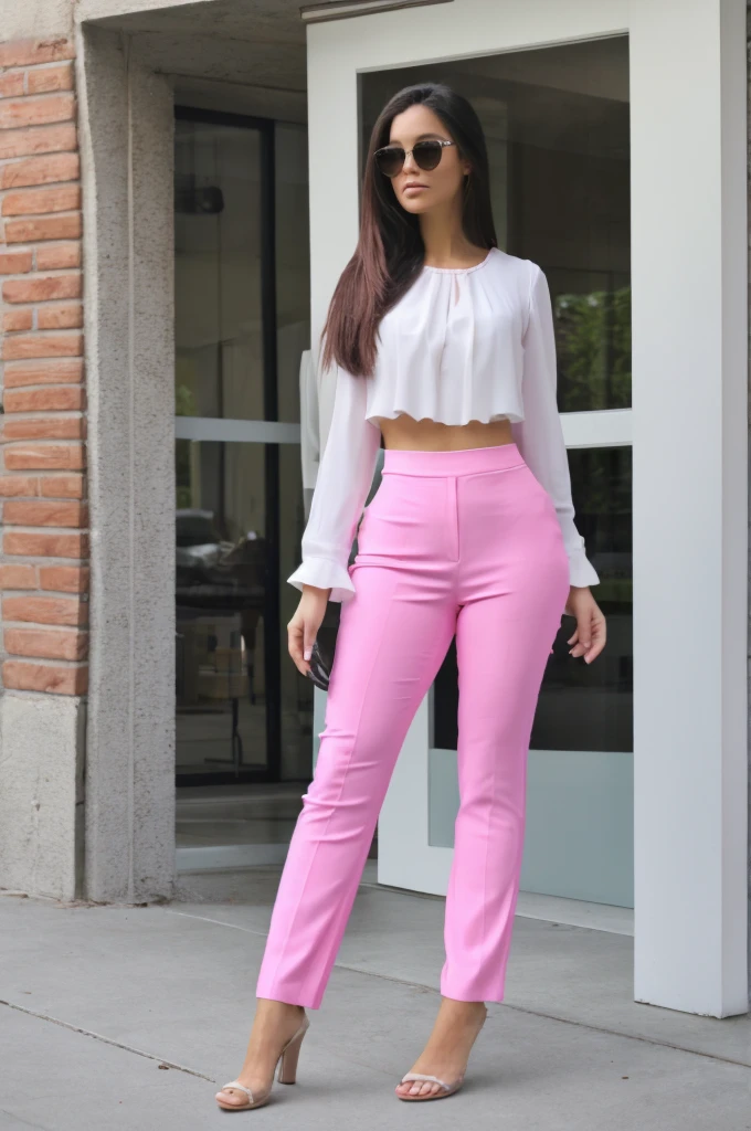 make a woman with a white blouse, a pair of pink pants, She has a full body and long, straight hair.