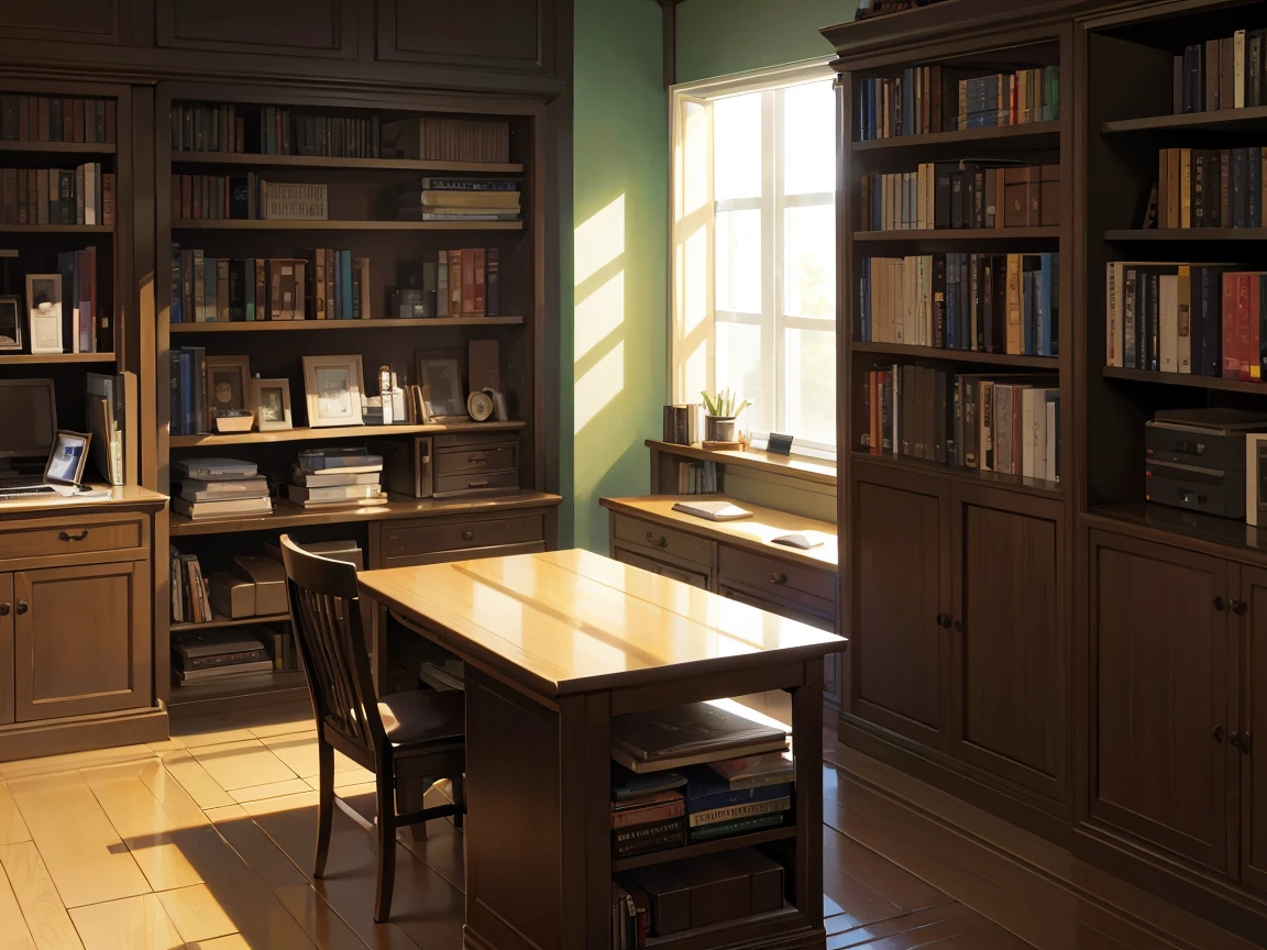 A narrow and dark study、A wall completely covered with bookshelves、desk with a computer、No people