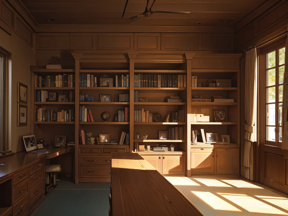 A narrow and dark study、A wall completely covered with bookshelves、desk with a computer、No people