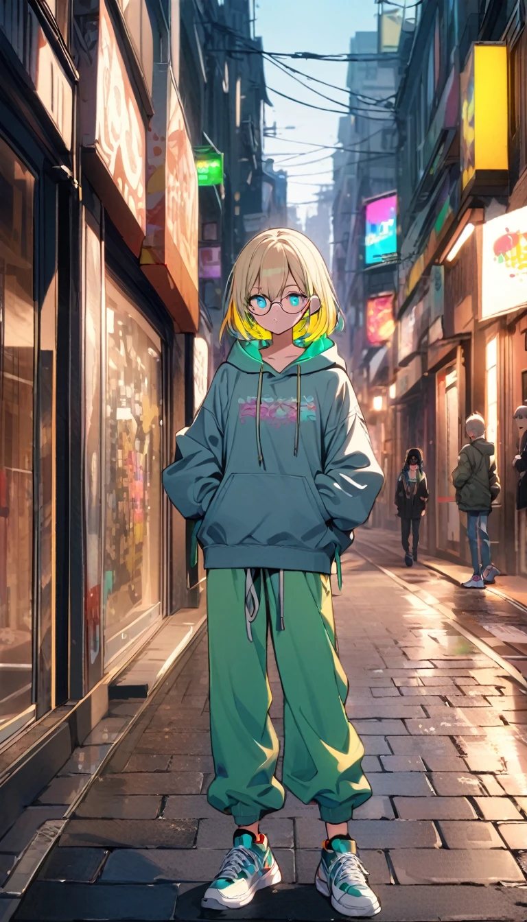 super delicate, delicate eyes, 1girl, boyish, wearing glasses, aqua eyes, blond hair, short hair, colorful inner hair, headphone, hoodie, long pants, sneakers, street